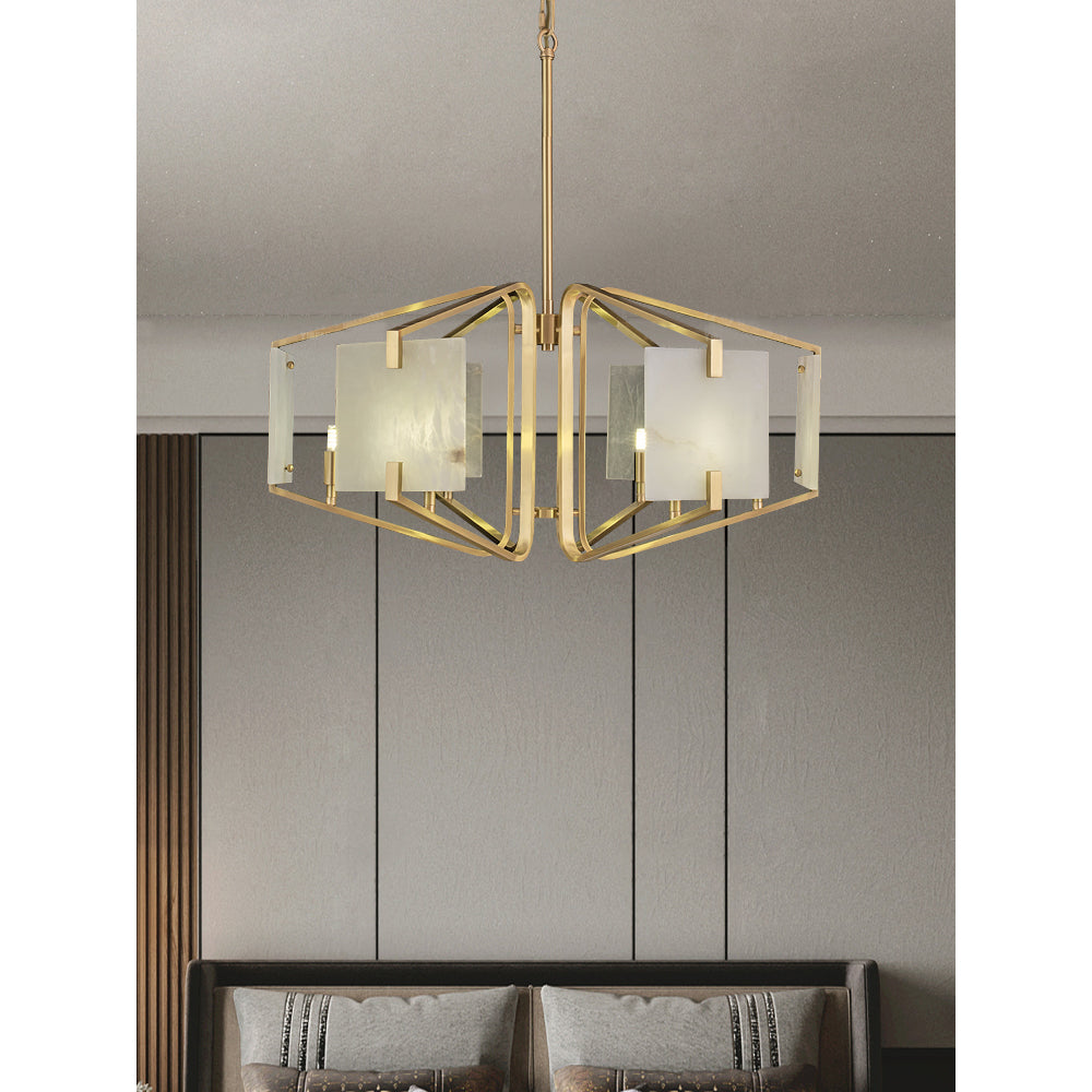 The Clérachic chandelier hung over a living room sofa, panels reading soft cream against a pale wall.