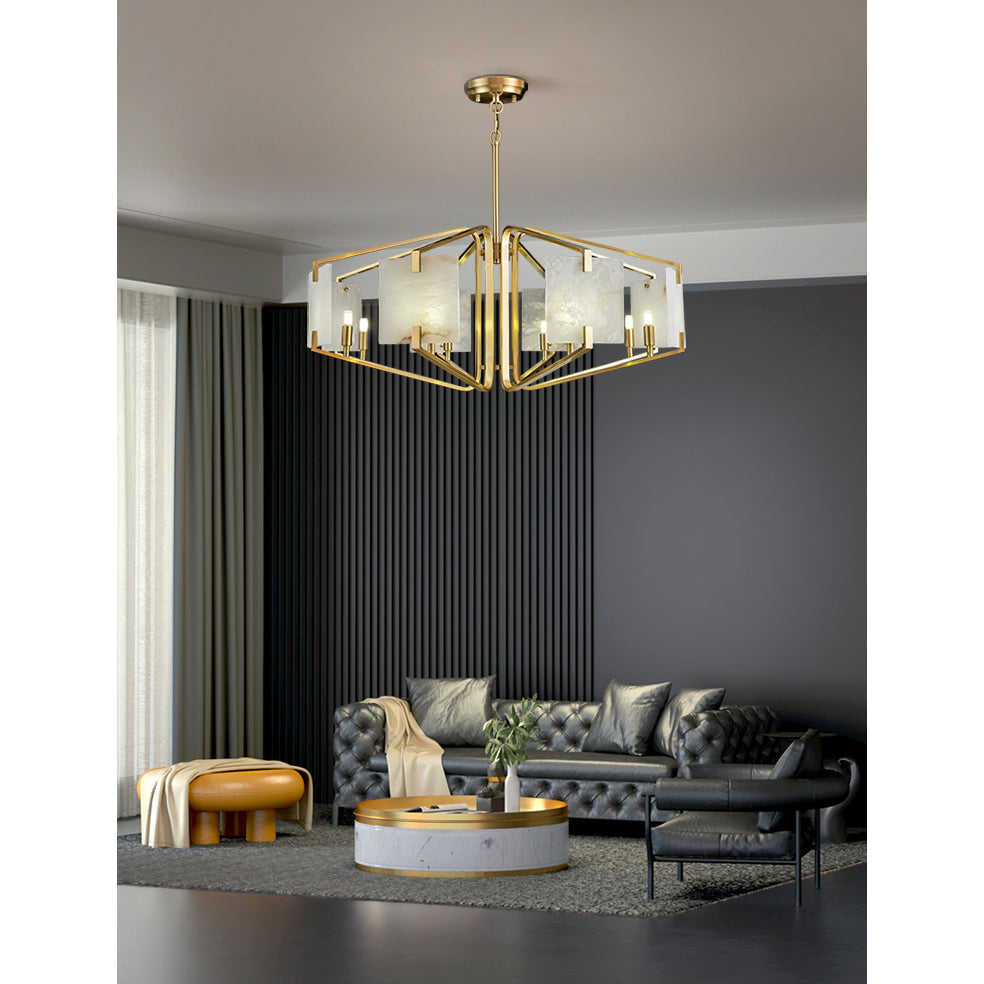 Clérachic chandelier in a living room with ribbed dark panelling, lit above a deep buttoned seating group.