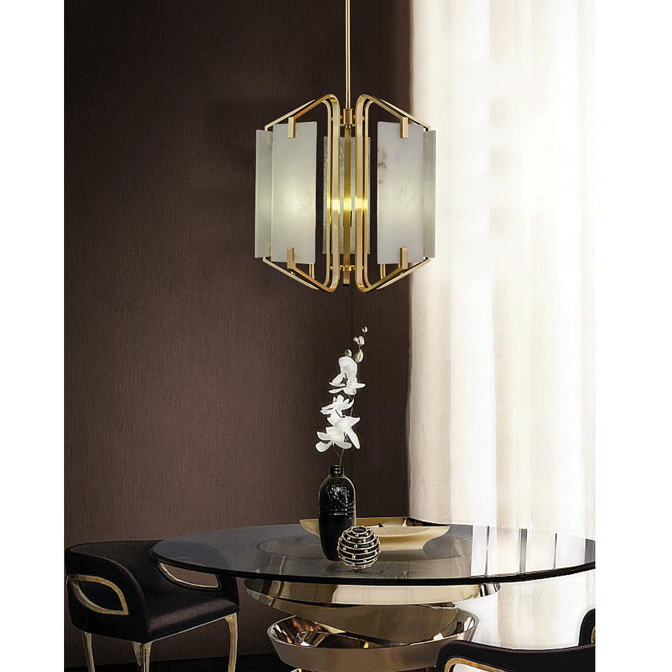 Clérachic chandelier over a round glass dining table, panels glowing beside a floor-length ivory curtain.