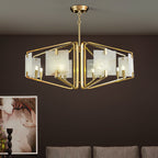 The Clérachic eight-light chandelier lit over a low sofa, alabaster reading warm on a brown plaster wall.