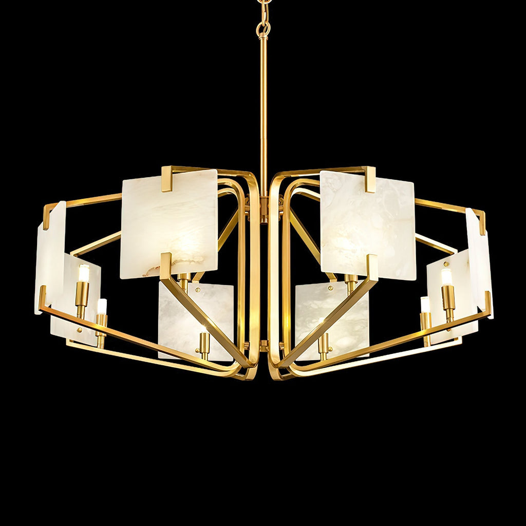 The Clérachic chandelier viewed from above on black, brass spokes radiating between eight alabaster panels.