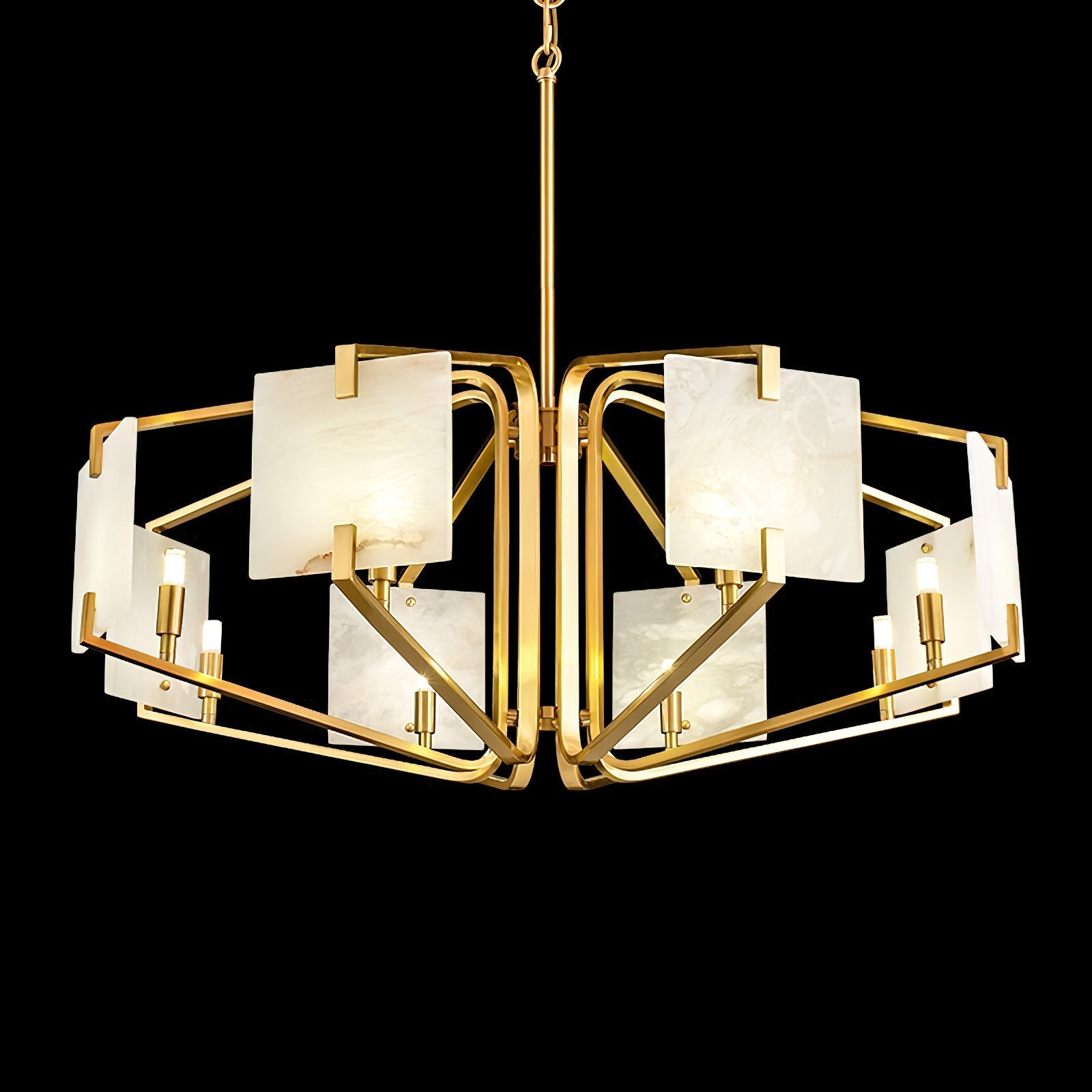 The Clérachic chandelier viewed from above on black, brass spokes radiating between eight alabaster panels.