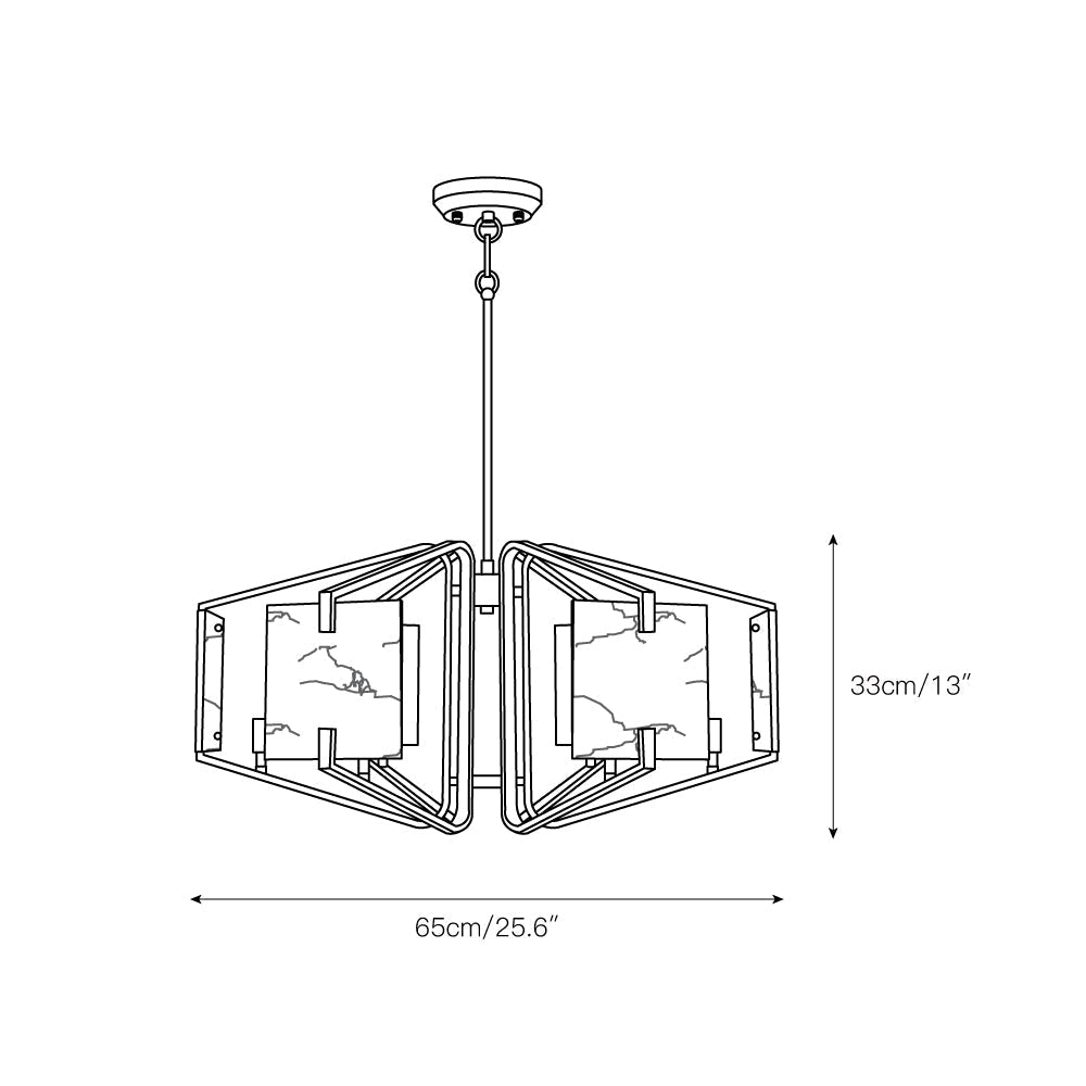 The Clérachic six-light dimension drawing, measured 65 cm / 25.6 in across and 33 cm / 13 in high on the rod.
