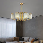 Clérachic chandelier close to the ceiling in a living room, alabaster panels bright against grey walls.