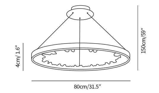 Dimension drawing of this Clérachic ring pendant light, with its 80 cm diameter, 4 cm band and 150 cm drop marked.