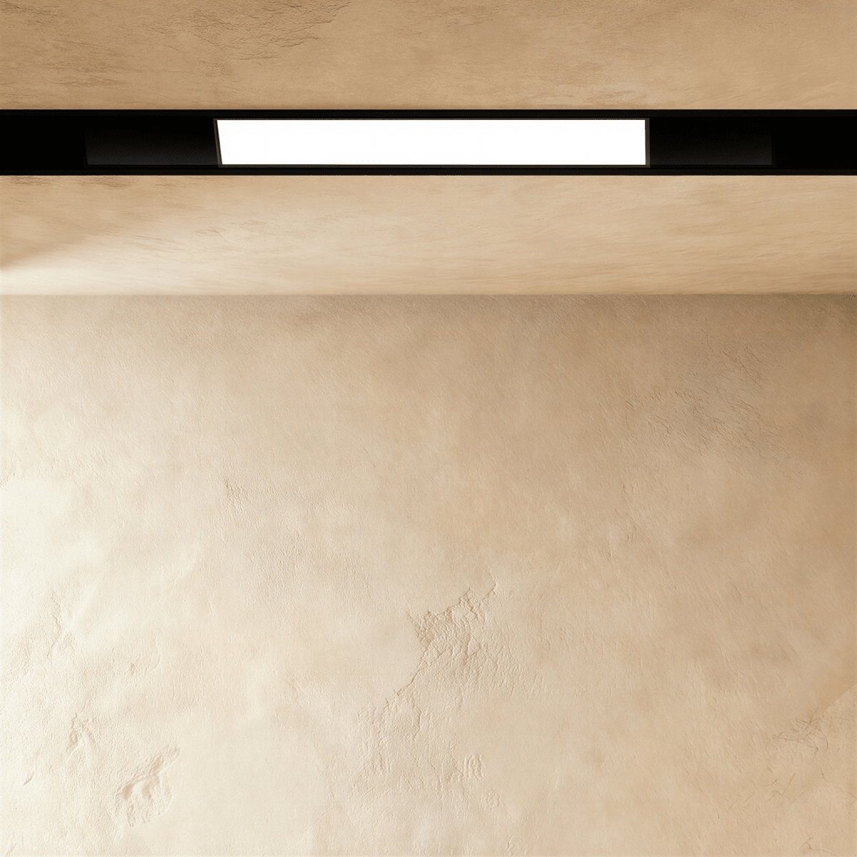 Clérachic recessed light bar, a lit panel set inside the black channel, which runs on unlit at both ends.