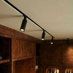 Clérachic track spotlights along one run, the heads aimed down over burl-wood cabinetry and open shelves.