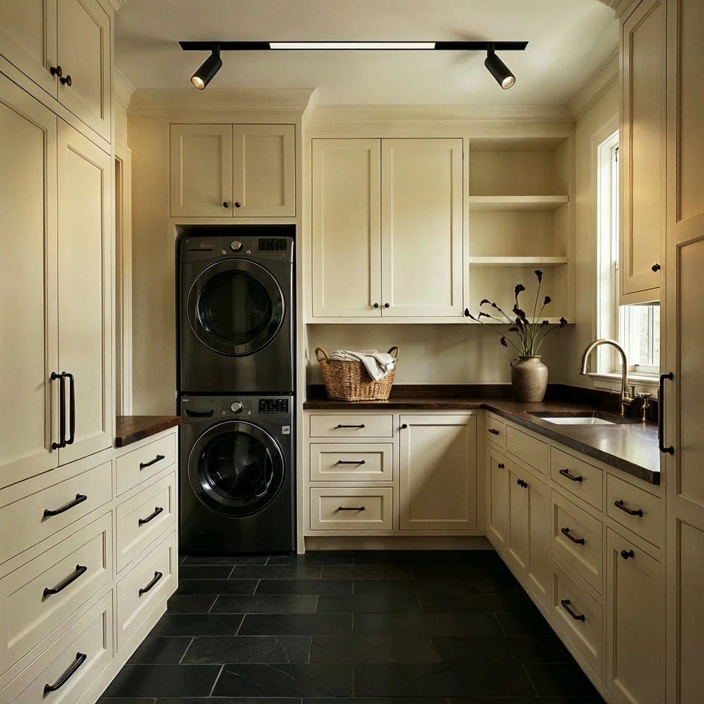 Clérachic track lighting in a utility room, a lit recessed bar and two spotlights above a stacked washer and dryer.