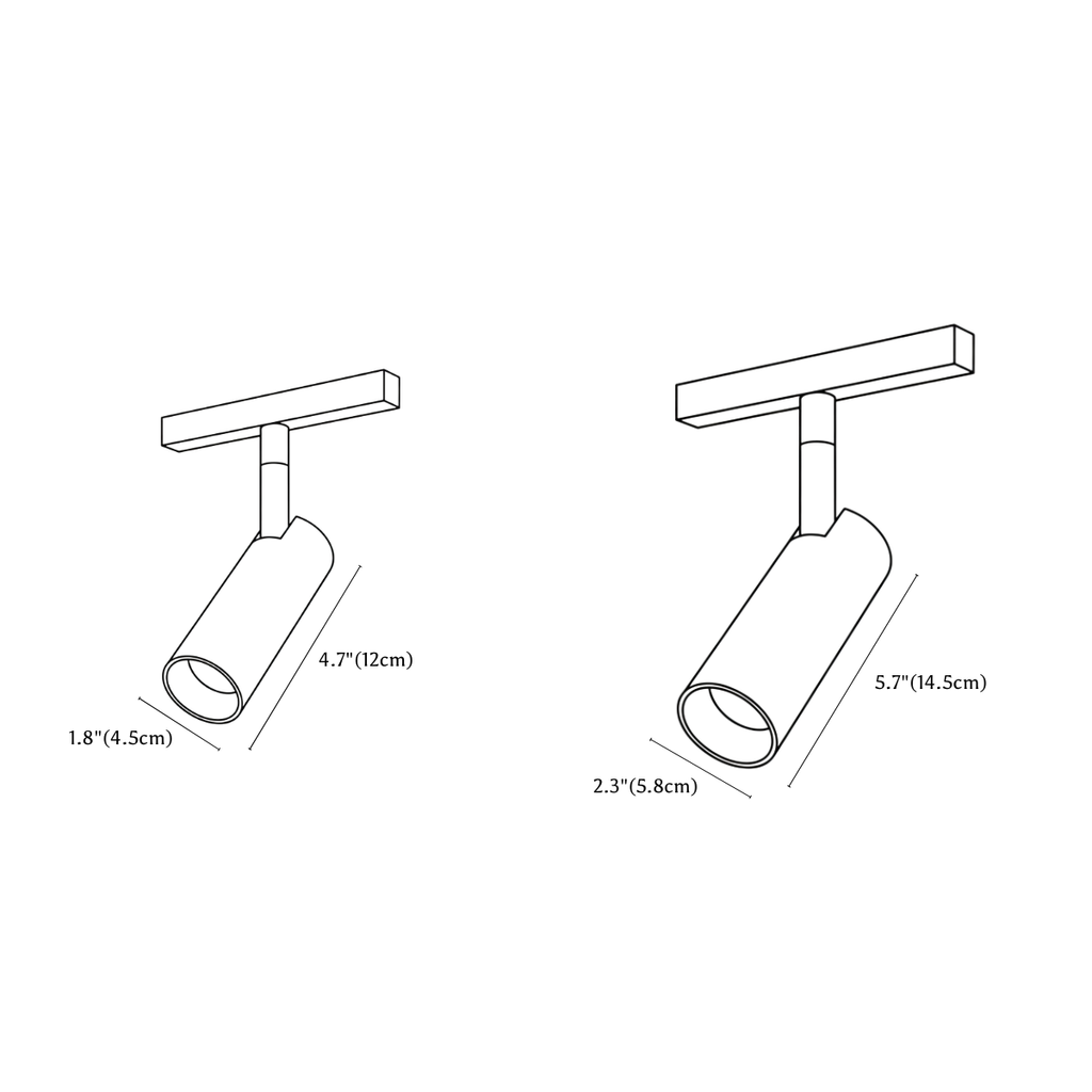 Clérachic track light dimension drawing, Spotlight, every measurement marked in centimetres and inches.