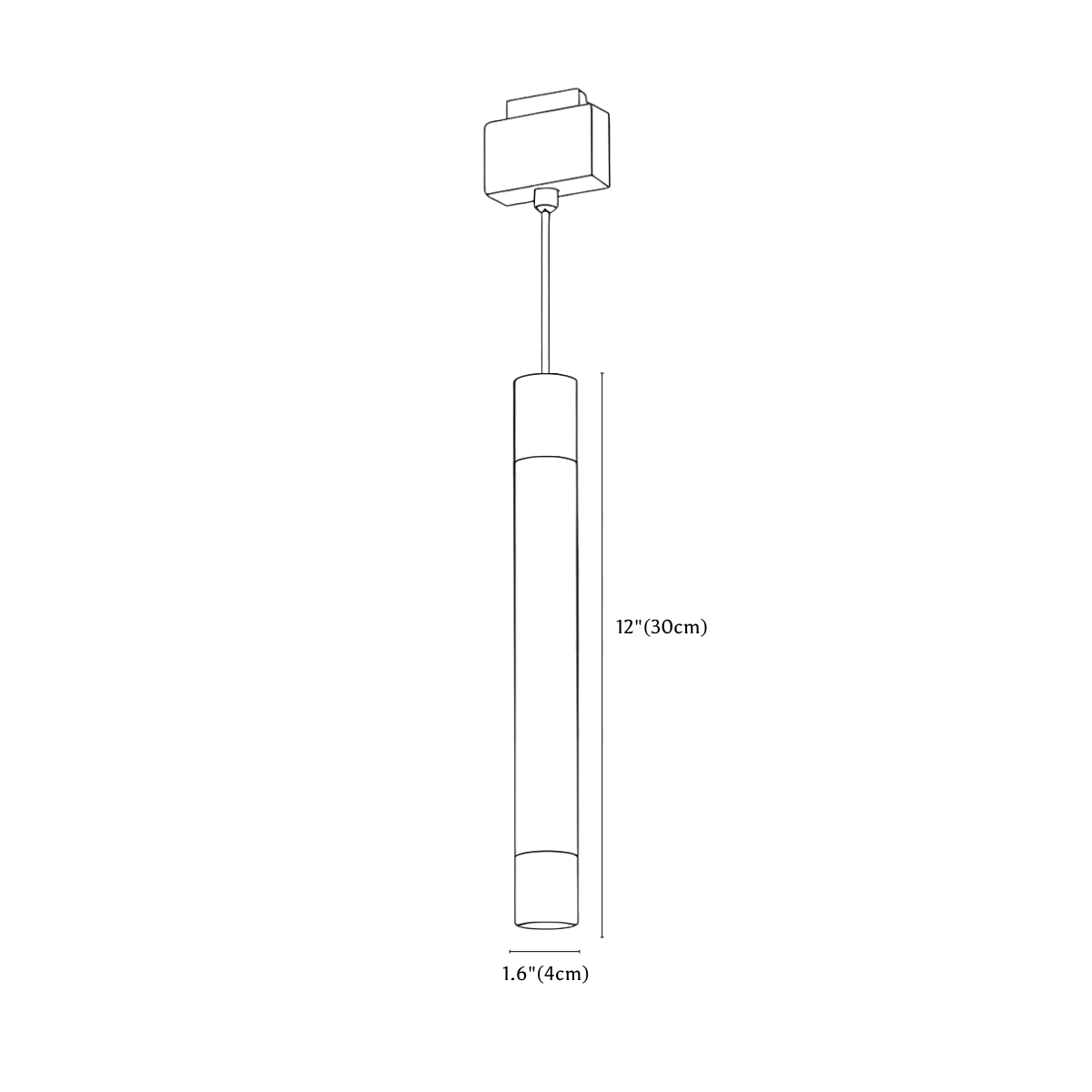 Clérachic track light dimension drawing, 4 of 4, every measurement marked in centimetres and inches.