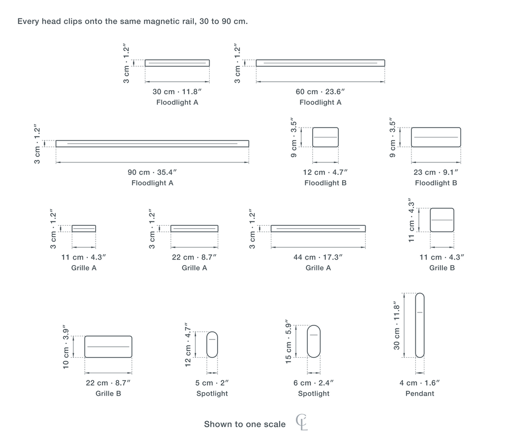 Technical dimension drawing of the Magnetic Track Light for Hallway — thirteen heads to one scale on the same magnetic rail: floodlight A 30, 60, 90 cm (11.8, 23.6, 35.4″) at 3 cm deep; floodlight B 12 and 23 cm (4.7, 9.1″) at 9 cm tall; grille A 11, 22, 44 cm (4.3, 8.7, 17.3″) at 3 cm tall; grille B 11 × 11 and 22 × 10 cm (4.3 × 4.3″, 8.7 × 3.9″); spotlight 5 × 12 and 6 × 15 cm (2 × 4.7″, 2.4 × 5.9″); pendant 4 × 30 cm (1.6 × 11.8″).