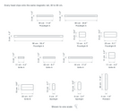 Technical dimension drawing of the Magnetic Track Light for Hallway — thirteen heads to one scale on the same magnetic rail: floodlight A 30, 60, 90 cm (11.8, 23.6, 35.4″) at 3 cm deep; floodlight B 12 and 23 cm (4.7, 9.1″) at 9 cm tall; grille A 11, 22, 44 cm (4.3, 8.7, 17.3″) at 3 cm tall; grille B 11 × 11 and 22 × 10 cm (4.3 × 4.3″, 8.7 × 3.9″); spotlight 5 × 12 and 6 × 15 cm (2 × 4.7″, 2.4 × 5.9″); pendant 4 × 30 cm (1.6 × 11.8″).
