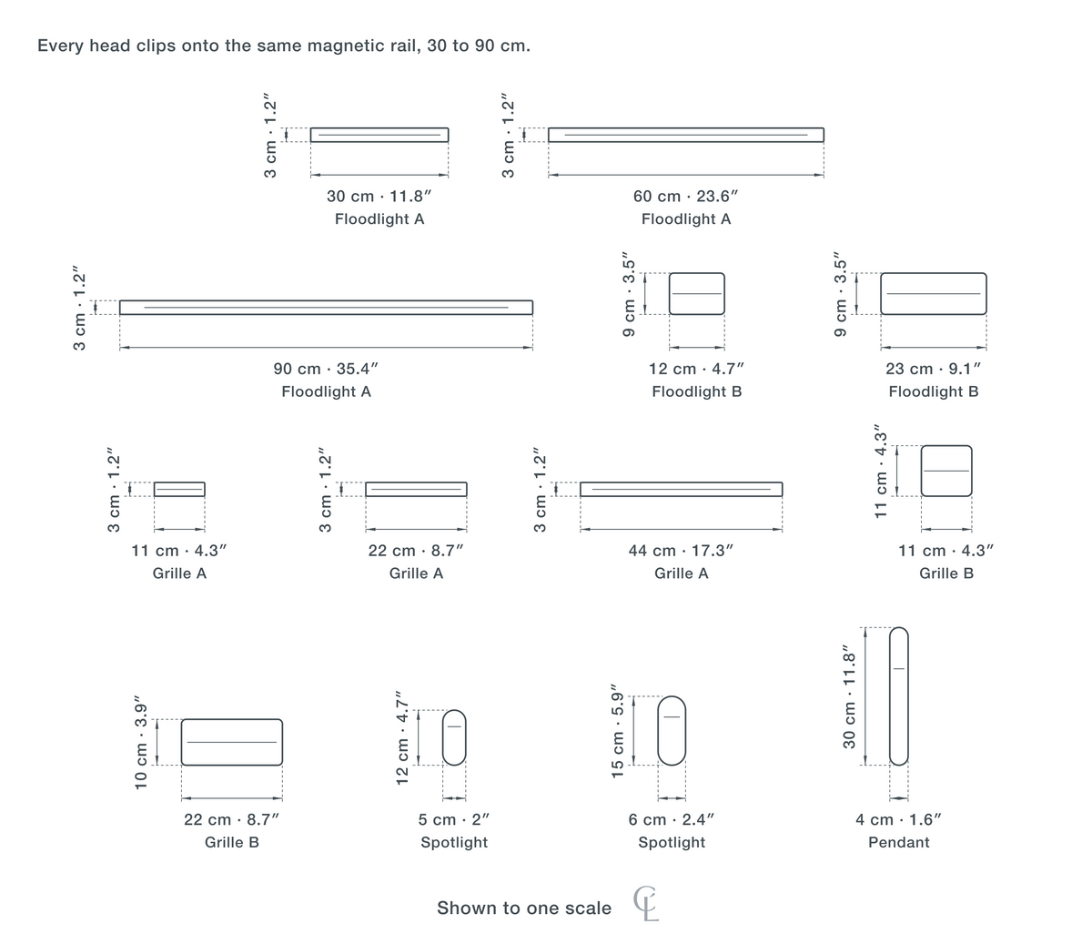 Technical dimension drawing of the Magnetic Track Light for Hallway — thirteen heads to one scale on the same magnetic rail: floodlight A 30, 60, 90 cm (11.8, 23.6, 35.4″) at 3 cm deep; floodlight B 12 and 23 cm (4.7, 9.1″) at 9 cm tall; grille A 11, 22, 44 cm (4.3, 8.7, 17.3″) at 3 cm tall; grille B 11 × 11 and 22 × 10 cm (4.3 × 4.3″, 8.7 × 3.9″); spotlight 5 × 12 and 6 × 15 cm (2 × 4.7″, 2.4 × 5.9″); pendant 4 × 30 cm (1.6 × 11.8″).