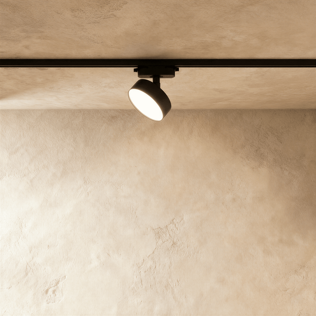 Clérachic black round track light head, angled on a black rail beneath a limewashed ceiling, its flat disc face glowing warmly.