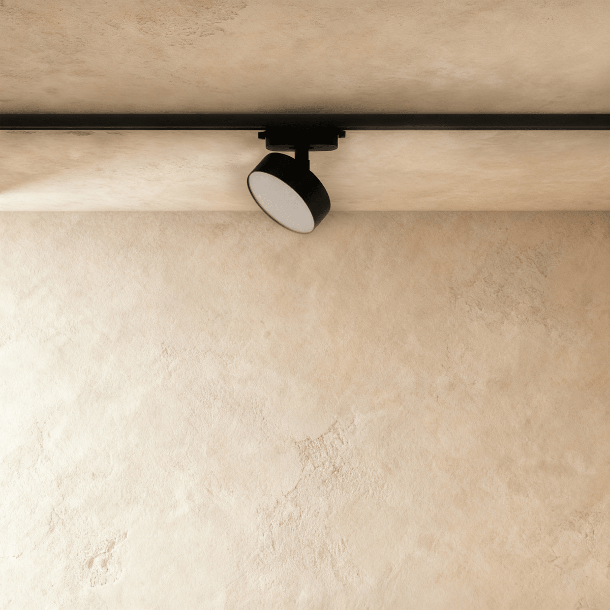 Clérachic black round track light head on a black rail, unlit, showing its flat opal diffuser and slim aluminium drum body.