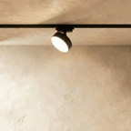 Clérachic slightly larger black round track light head on a black rail, tilted down with its frosted disc face lit.
