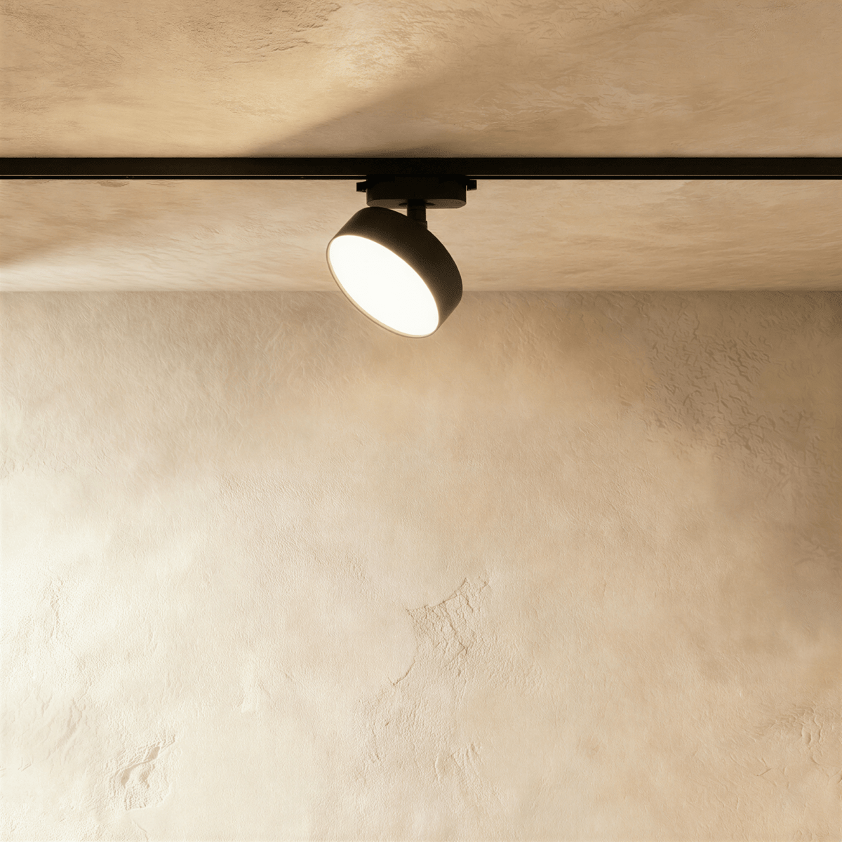 Clérachic slightly larger black round track light head on a black rail, tilted down with its frosted disc face lit.