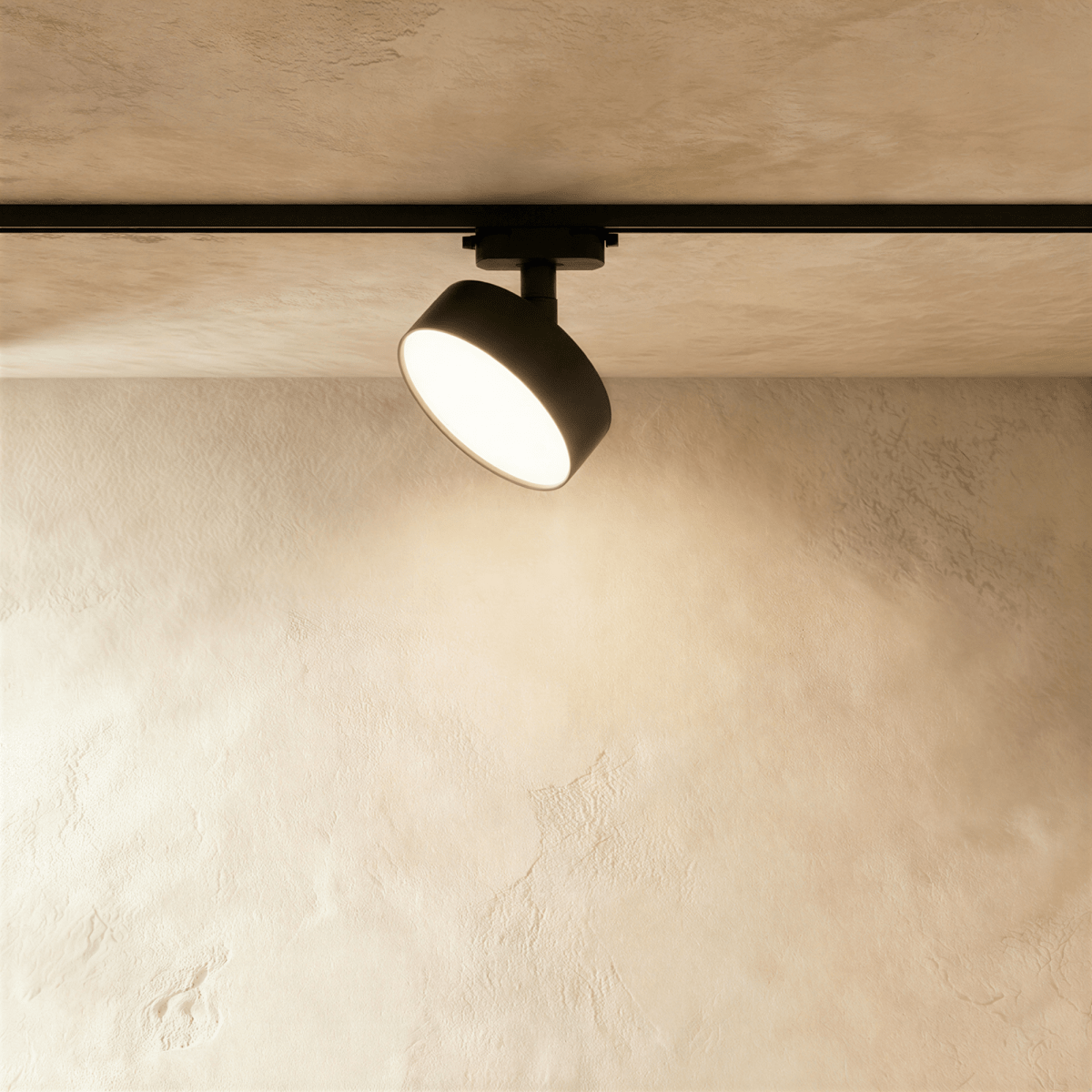 Clérachic largest black round track light head on a black rail, angled from a short stem, its frosted disc face lit.