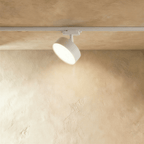 Clérachic widest white round track light head on a white rail, tilted to the wall with a bright frosted disc face.