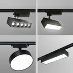 Four close views of Clérachic black track lights: a five-spot bar, a rectangular linear light and a round disc head on rails.