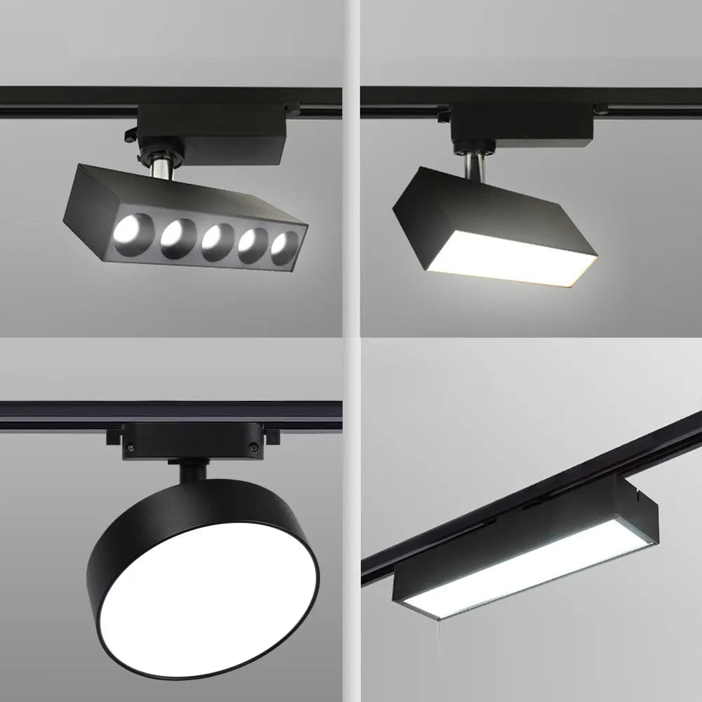 Four close views of Clérachic black track lights: a five-spot bar, a rectangular linear light and a round disc head on rails.