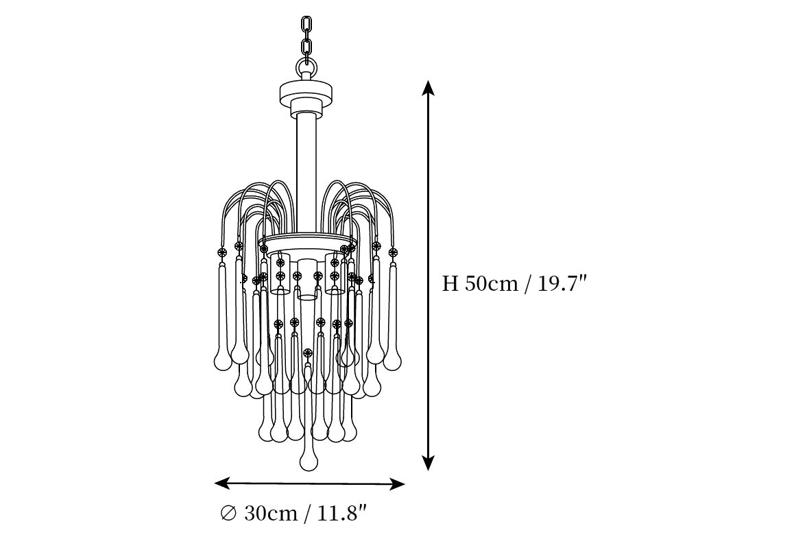 Dimension drawing of the maltose chandelier, in outline against white.