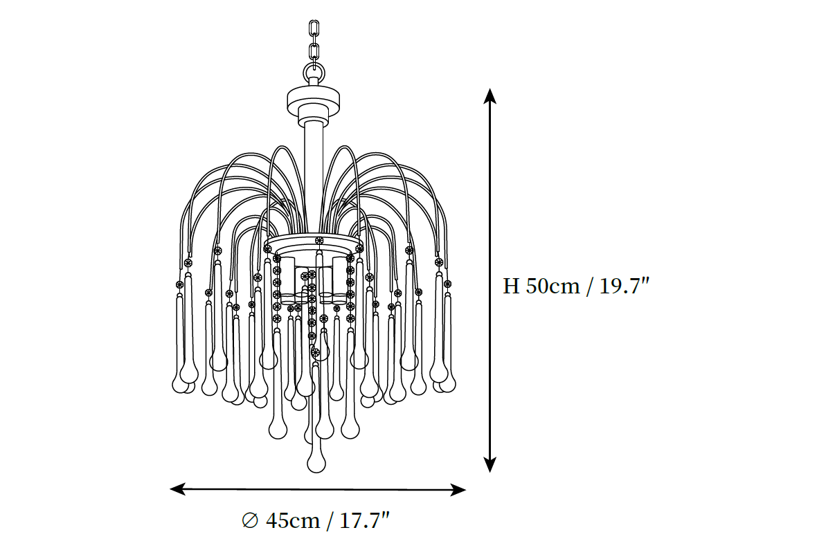 Dimension drawing of the maltose chandelier, in outline against white.