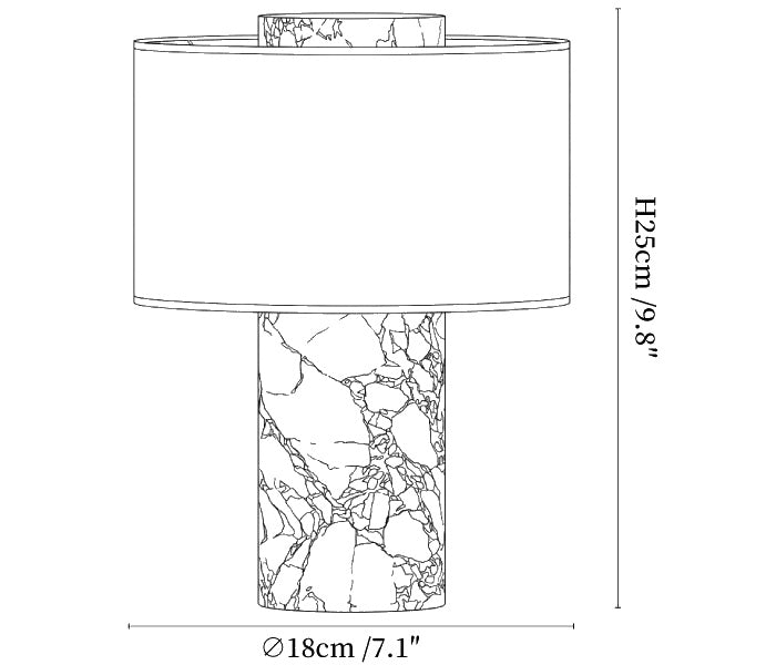 Dimension drawing of the marbella stone table lamp, in outline against white.