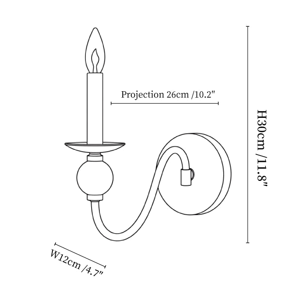 Clérachic wall light dimension drawing, every measurement marked in centimetres and inches.