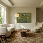 In a light-filled living room, the white-shaded Clérachic floor lamp arcs over a curved sofa and patterned rug.