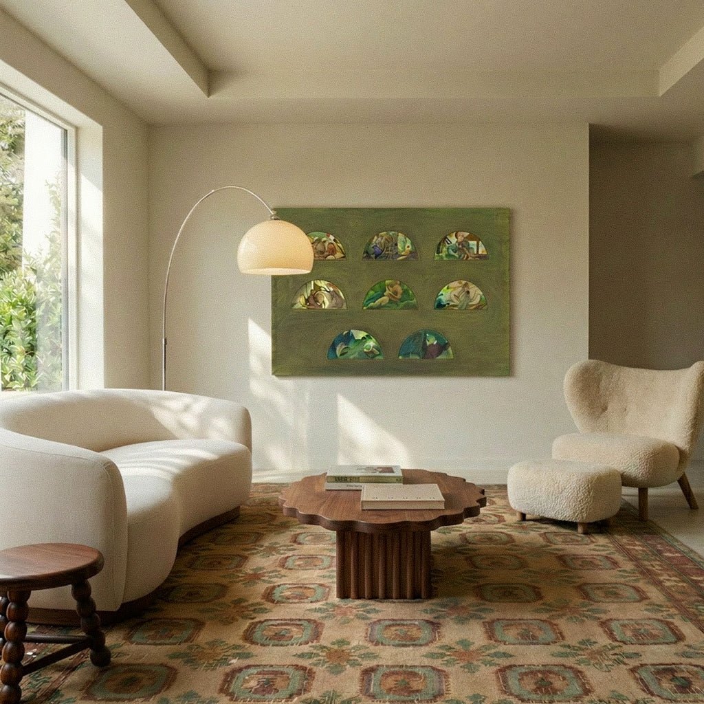 In a light-filled living room, the white-shaded Clérachic floor lamp arcs over a curved sofa and patterned rug.