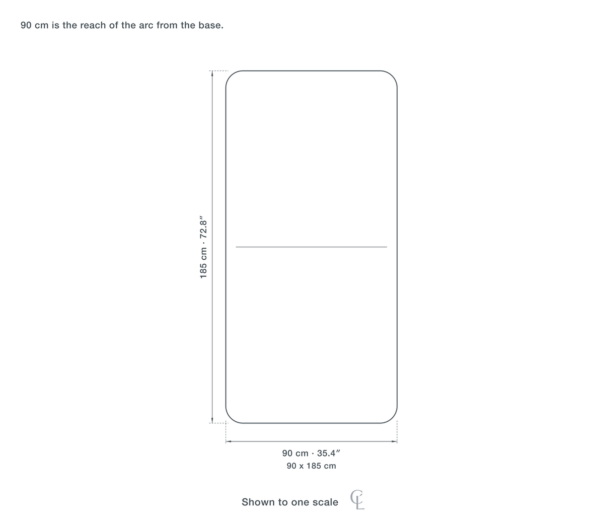 Technical dimension drawing of the Marble Base Floor Lamp for Living Room, White or Orange — 90 × 185 cm (35.4 × 72.8″), drawn to scale.