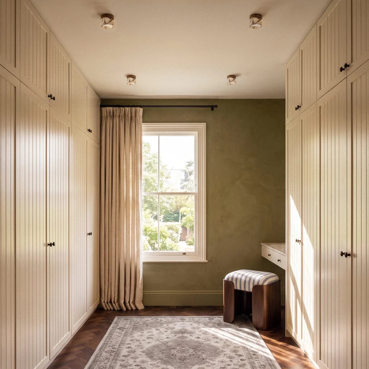 Four Clérachic marble drum ceiling lights across a dressing room ceiling, with fitted cream cabinets and a green wall.