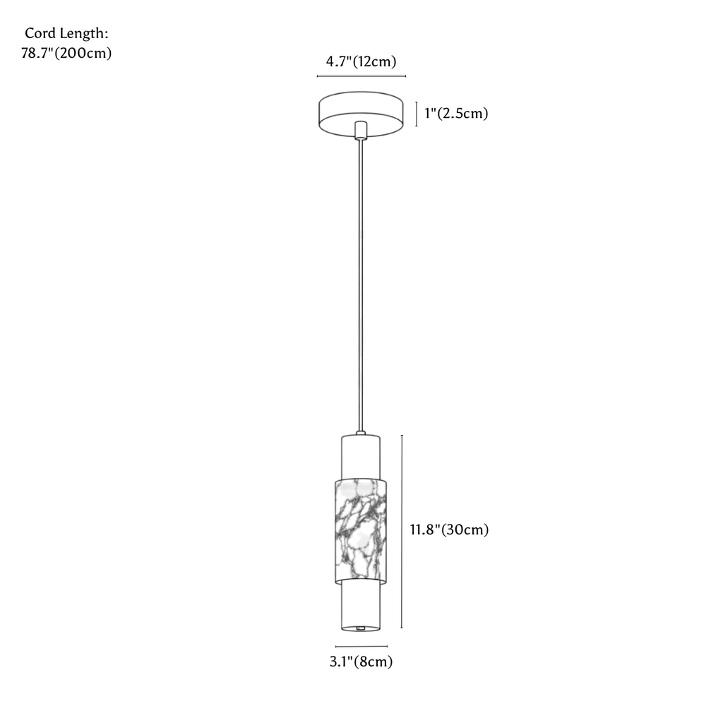 Clérachic pendant light dimension drawing, every measurement marked in centimetres and inches.