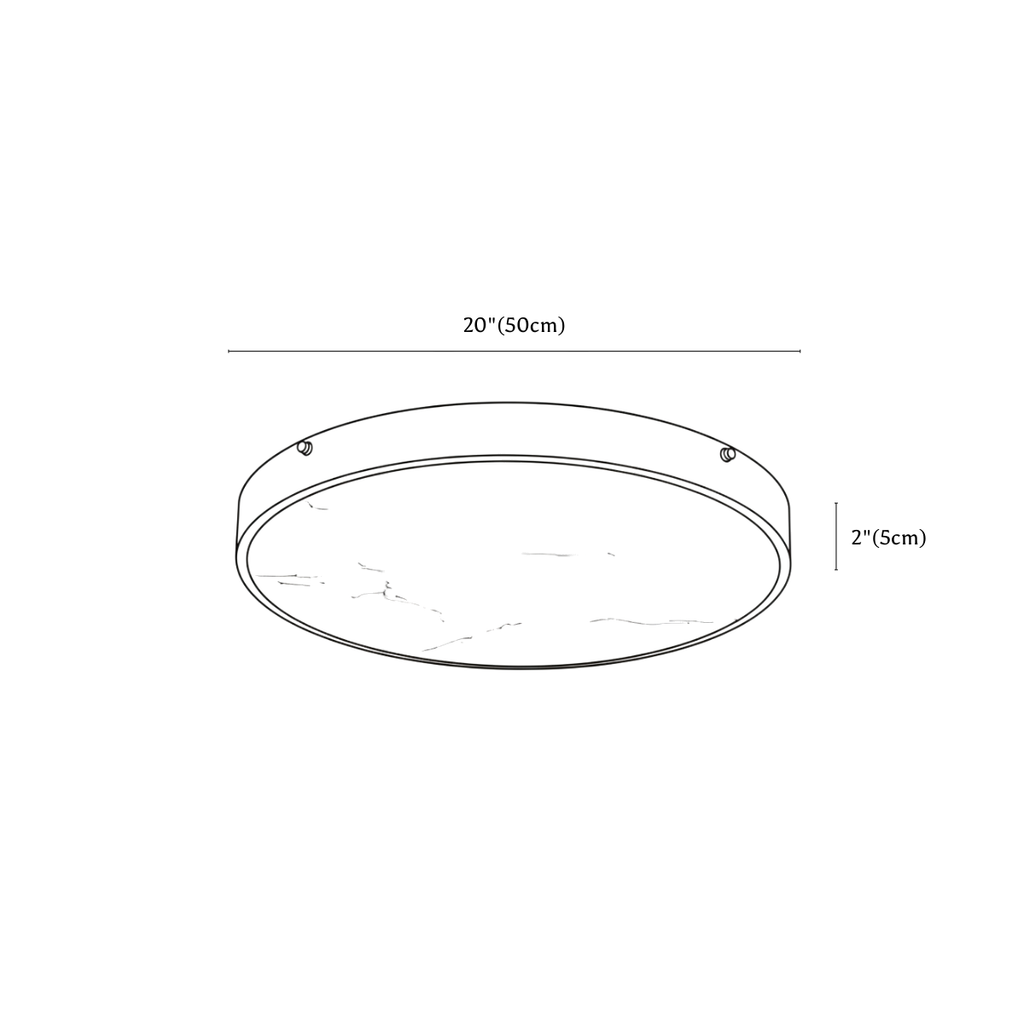 Clérachic ceiling light dimension drawing, 50 cm, every measurement marked in centimetres and inches.