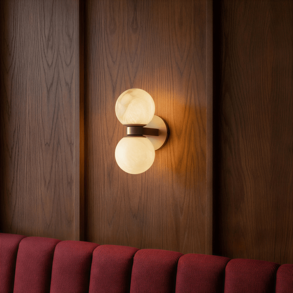 Clérachic dual-globe marble wall lamp mounted on dark wood panelling, its light pooling across the grain above a red channelled banquette.