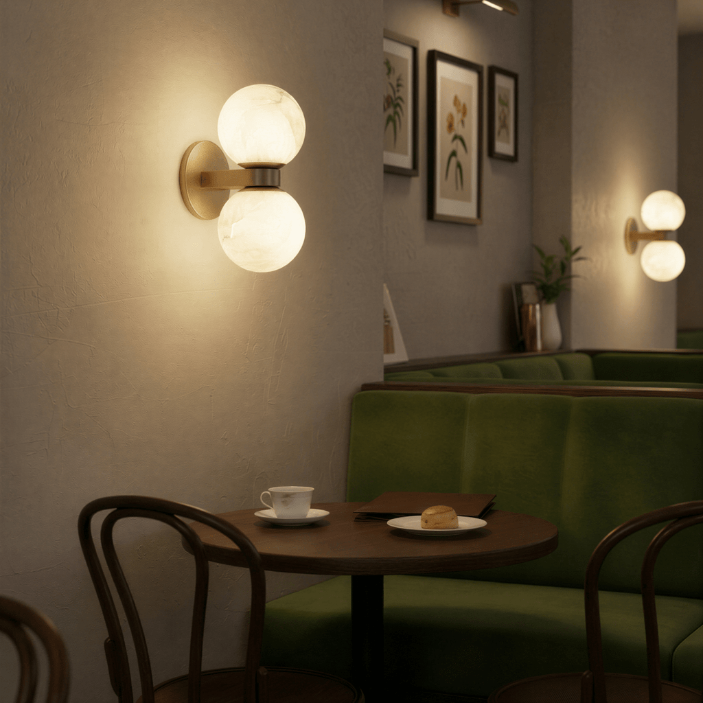 Clérachic dual-globe marble wall lamp lit in a café corner above a table set with a coffee cup and a pastry, a second matching sconce further along the wall.