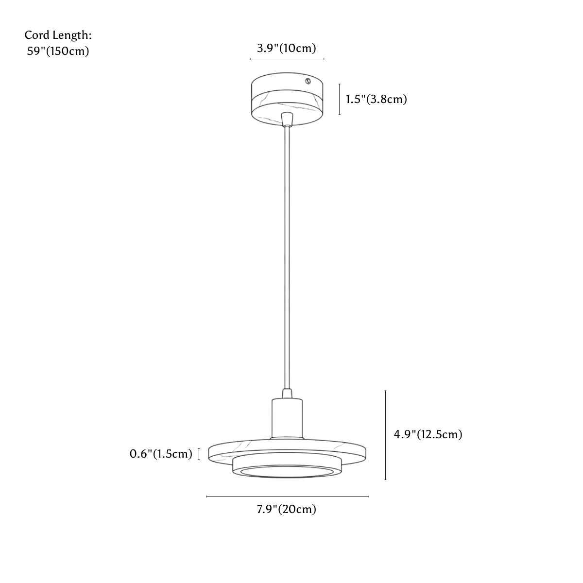 Clérachic pendant light dimension drawing, every measurement marked in centimetres and inches.