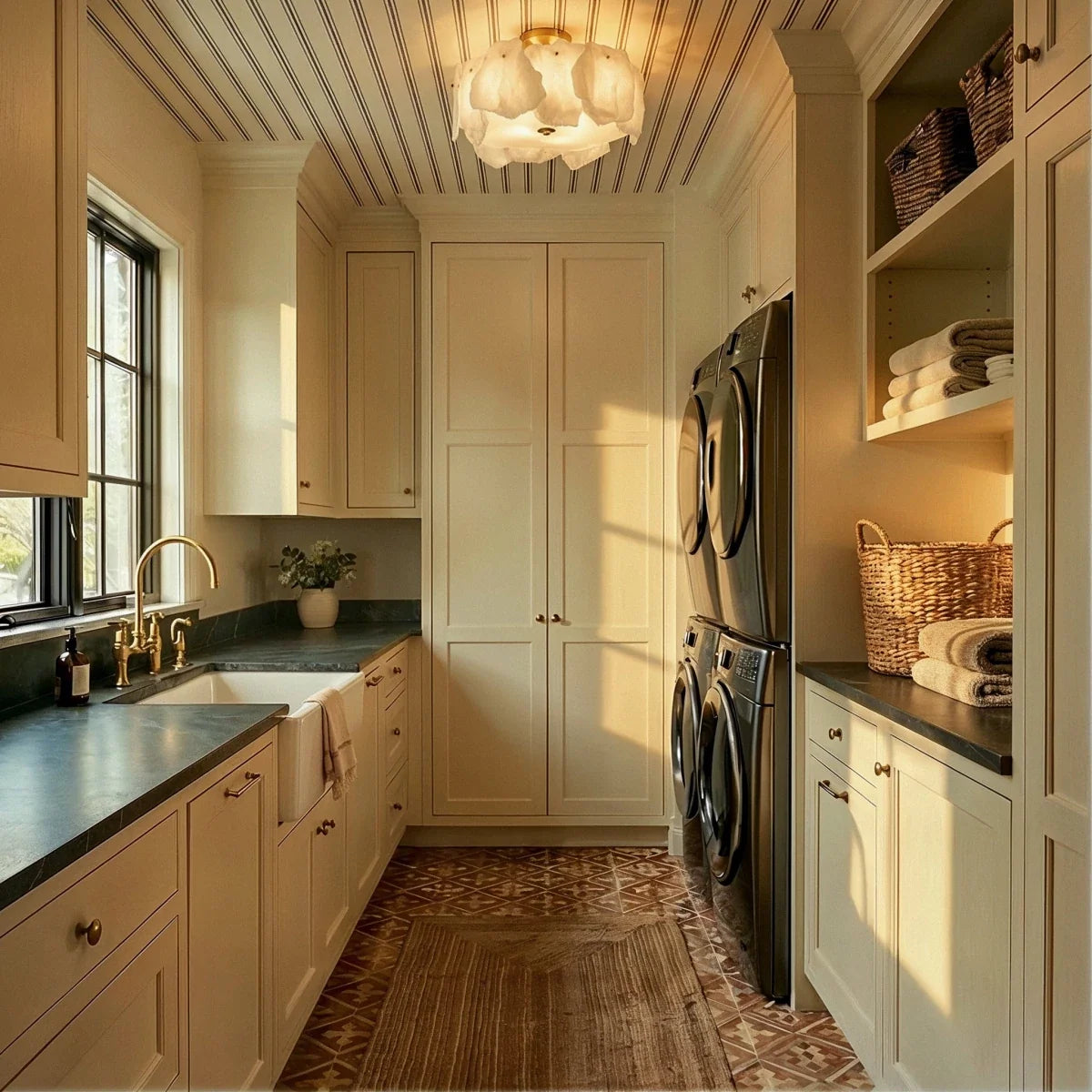 Clérachic stone-slab ceiling light with a brass canopy hanging above a laundry room with cream cabinets and a striped ceiling.