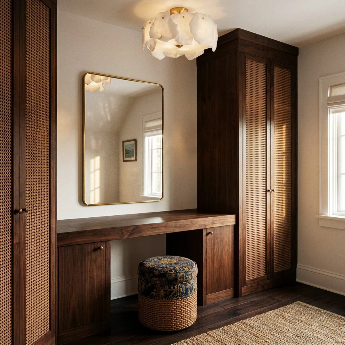 Clérachic stone-slab ceiling light in a dressing nook with a brass-framed mirror, walnut and cane wardrobes and a woven stool.