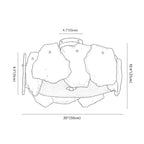 Clérachic ceiling light dimension drawing, every measurement marked in centimetres and inches.