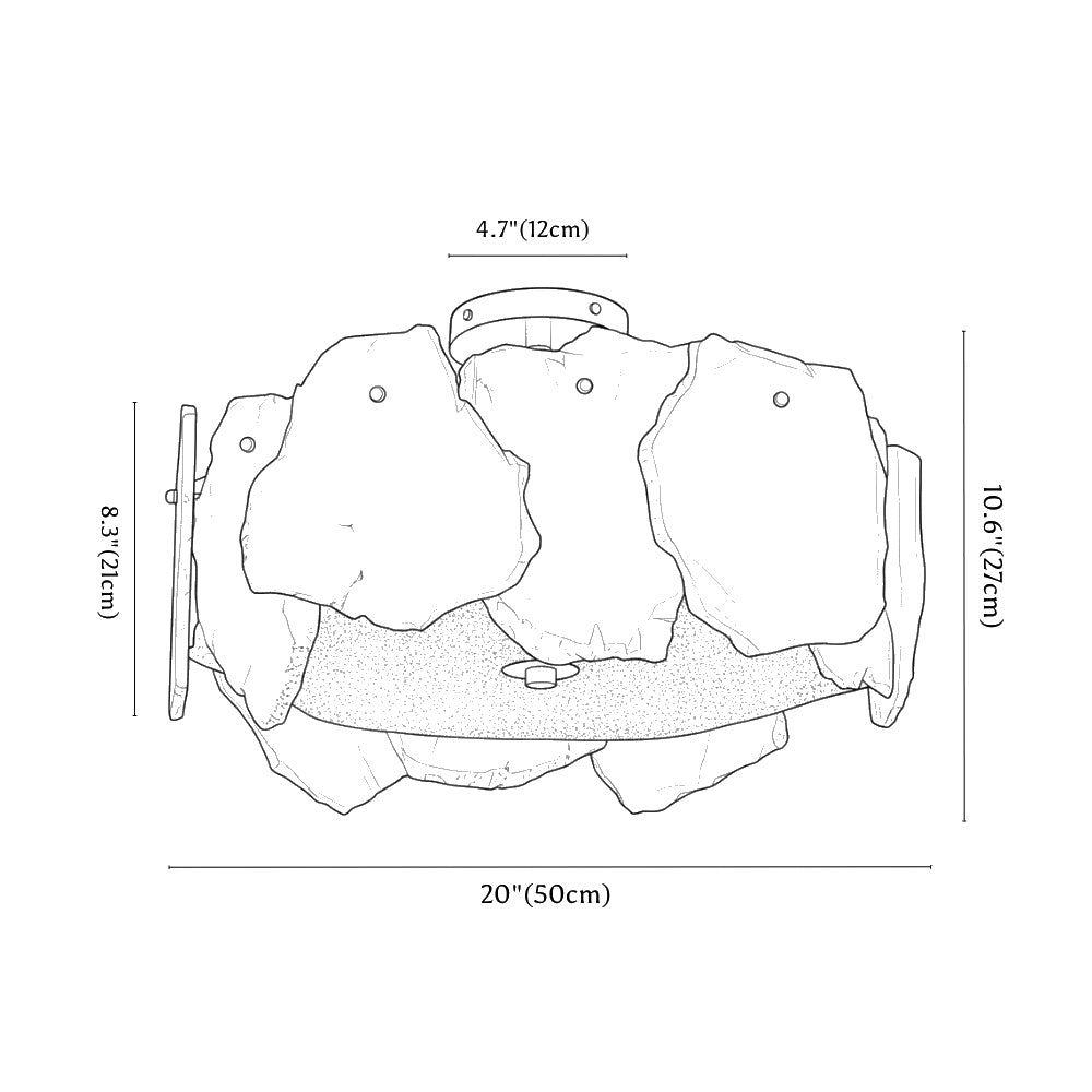 Clérachic ceiling light dimension drawing, every measurement marked in centimetres and inches.