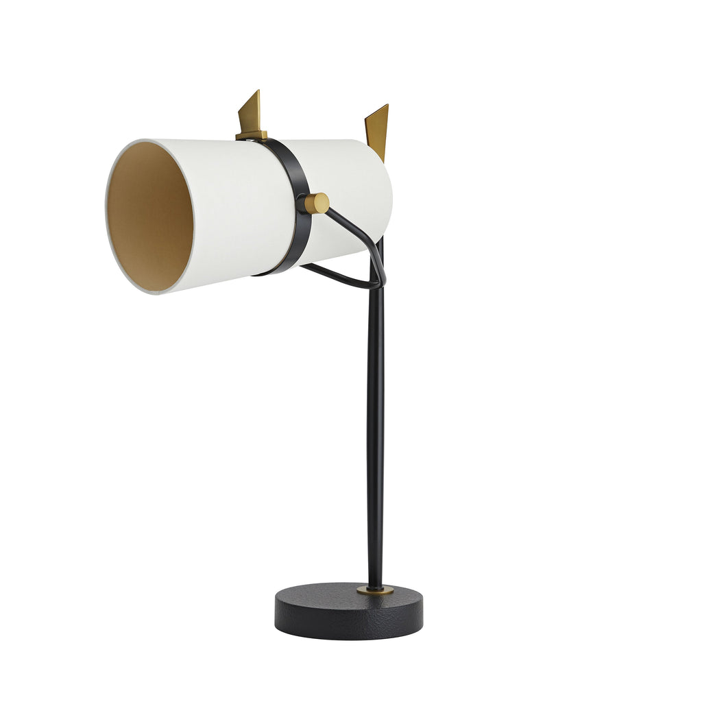 Clérachic black table lamp with its shade turned fully sideways, the gold-lined opening facing left, on a round black base.