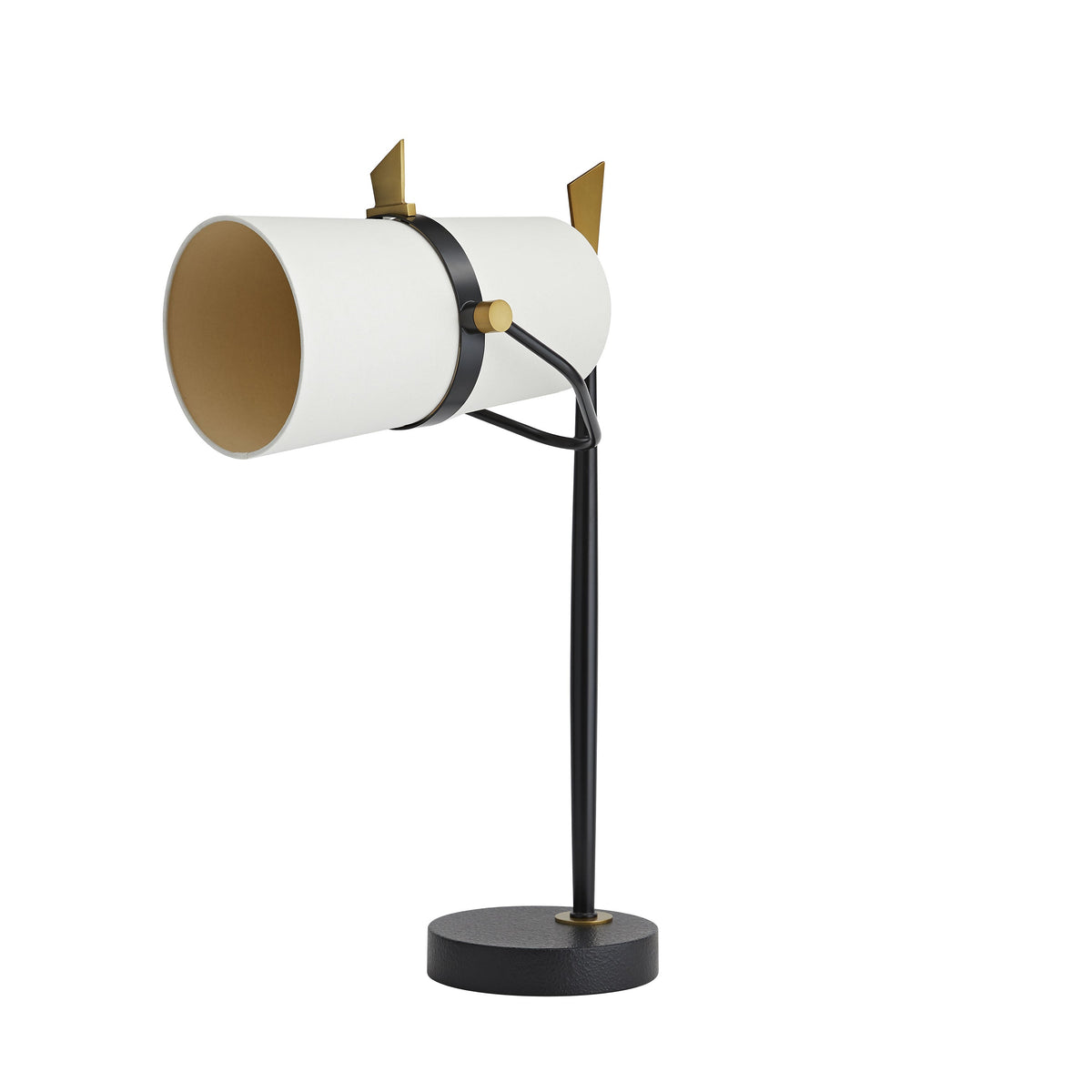 Clérachic black table lamp with its shade turned fully sideways, the gold-lined opening facing left, on a round black base.