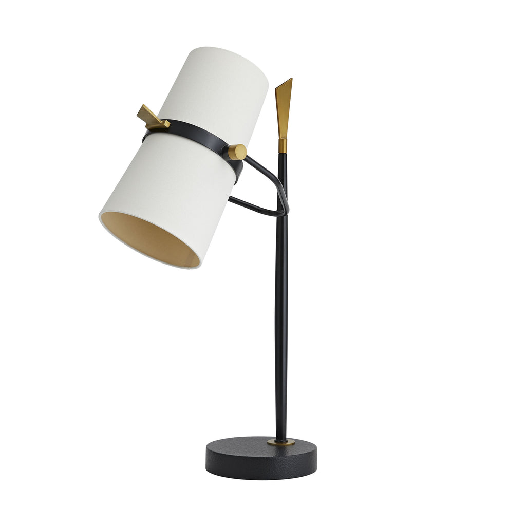 The same black Clérachic lamp with the shade swung the other way, its gold-lined opening facing down to the left, on a round black base.
