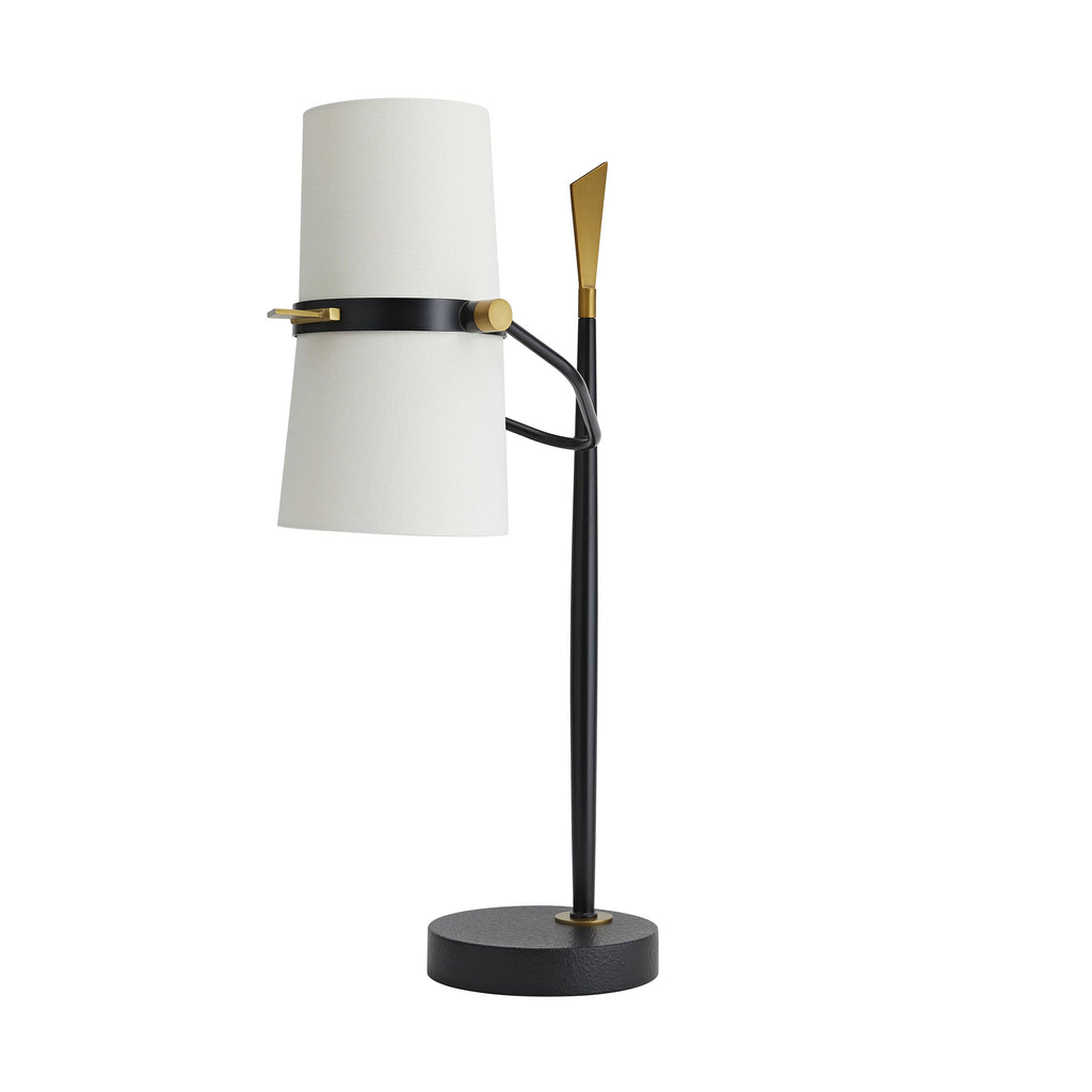Black Clérachic table lamp with its white shade held upright and set to one side of the stem, on a round black base.