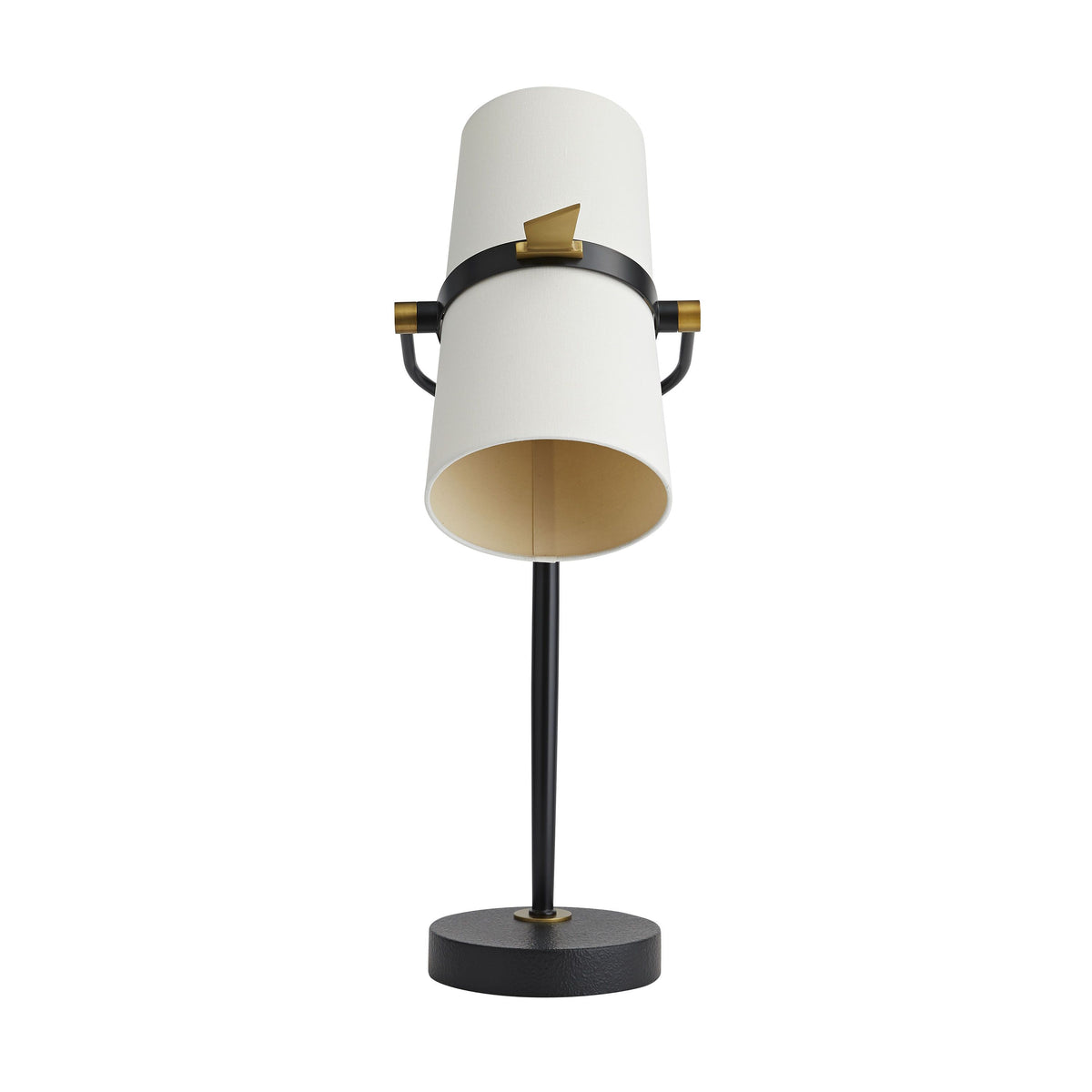 Front view of this Clérachic table lamp with the shade facing the viewer and its gold-lined inside visible, on a slim black stem and round base.