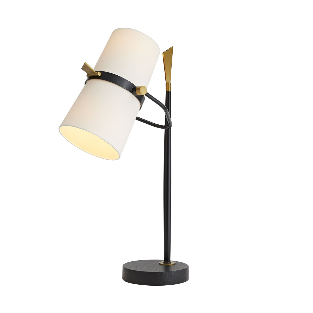Clérachic black table lamp with the shade tilted back and the cream lined interior showing, on a plain white background.
