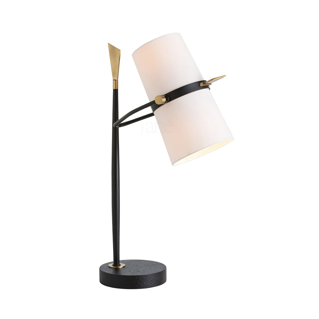 Black Clérachic table lamp with a tilted white shade and a round black base, on a plain white background.