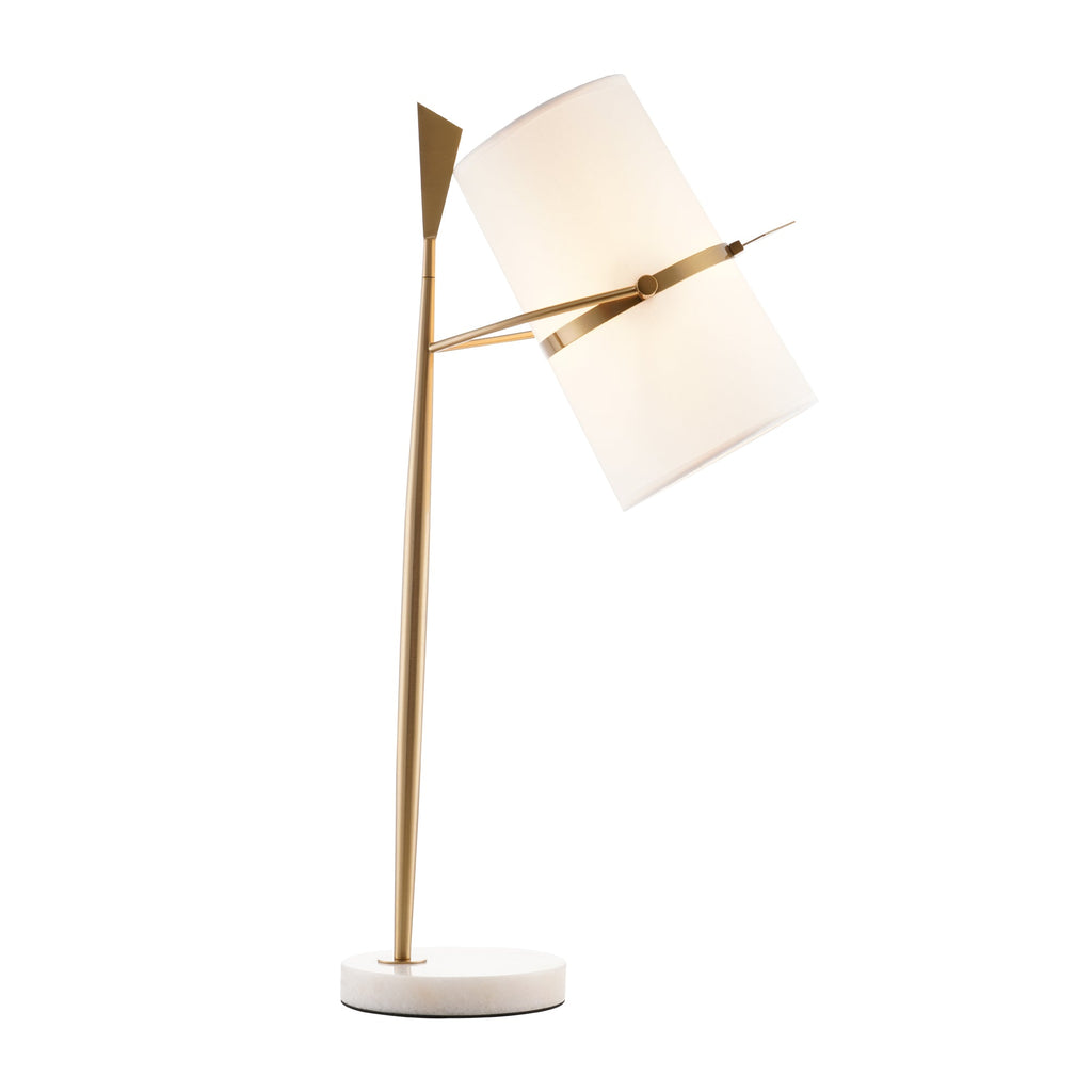 Gold Clérachic table lamp with a white marble base and a tilted shade, on a plain white background.